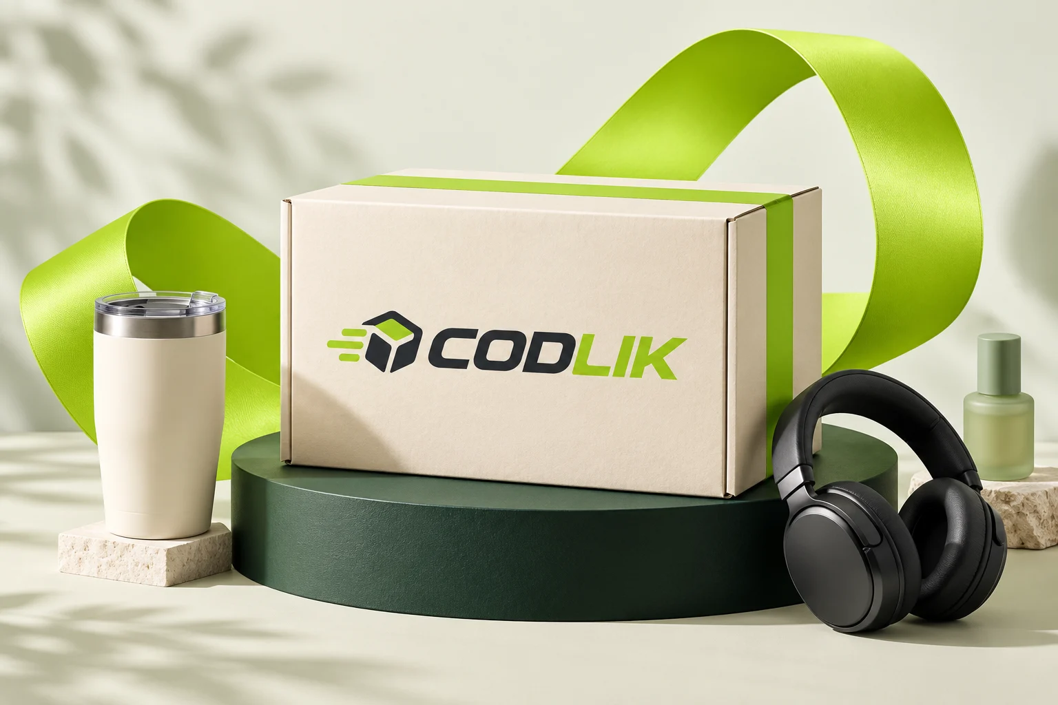 CODLIK parcel surrounded by products and a sculptural lime ribbon